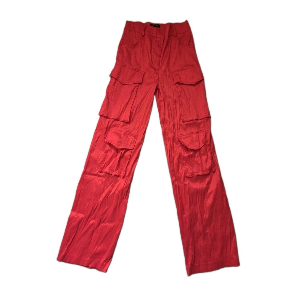 Win Win Red Satin Cargo Pants Wide Leg Multi Pocket High Rise Lightweight Sz L